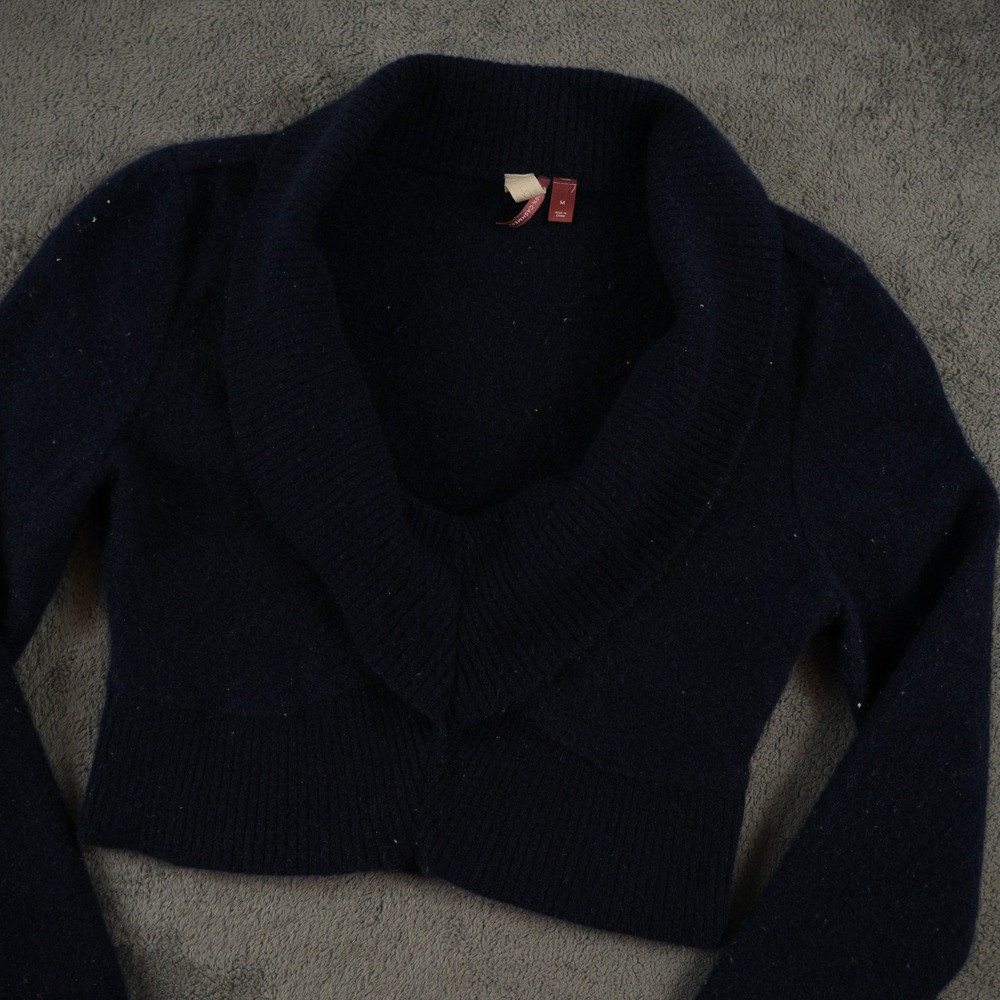 Pilcro Cashmere Sweater Womens Medium Navy Blue Cropped Shawl Collar Long Sleeve